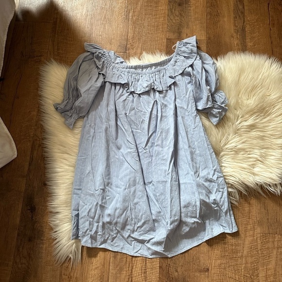 LULU’S Seeing You Smile Light Blue Striped Off The Shoulder Shift Dress - Picture 2 of 4